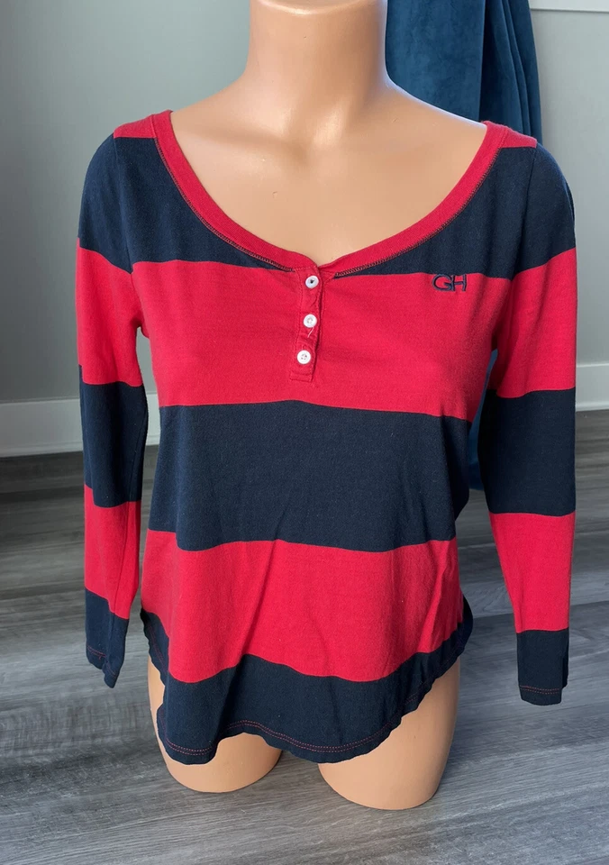 Gilly Hicks Red Blue Striped Top M Scoop Shirt  - Image 1 of 4