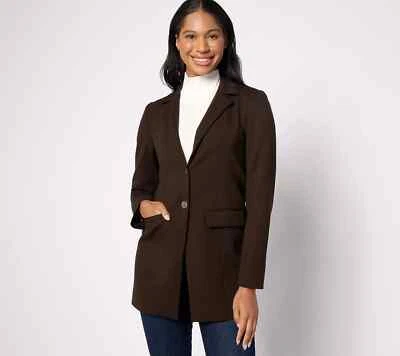 Dennis Basso Ponte Knit Lined Blazer With Pockets-Dark Brown-Reg 8-NEW-A556110 - Image 1 of 2