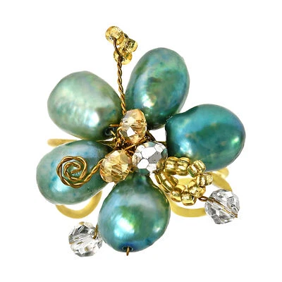 绿色珍珠水晶花朵可调节手工戒指 — 第 1/4 张图片