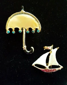 Lot of 2 -Vintage Enamel Brooch Pins Sailboat & Umbrella - Picture 1 of 2