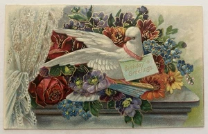 Antique 1908 Postcard - Birthday Greetings - Embossed White Dove & Flowers - Picture 1 of 2