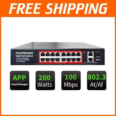 Industrial Metal Poe Switch, 16 Ports @200W, Gigabit Uplinks - Image 1 of 4