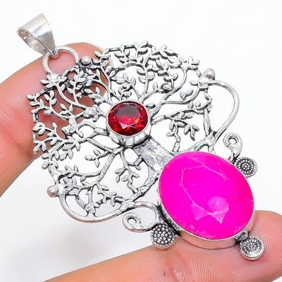 Ruby Simulated Gemstone Handmade 925 Steling Silver Jewelry Pendant 2.68" - Image 1 of 4