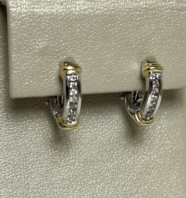 LOVELY 14K TWO TONE GOLD 1/4 CT TW DIAMOND HOOP OMEGA BACK EARRINGS - Image 1 of 4