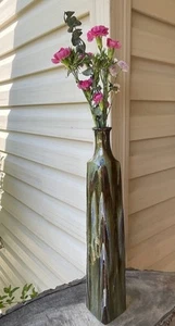 Large Squared Multicolored Drip Glazed Studio Art Pottery Vase Bottle 19”t - Picture 1 of 13