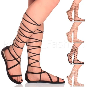 DAMEN FLACHE RIEMCHEN HOHE SCHNÜRUNG REISSVERSCHLUSS BEIN GLADIATOR SANDALEN GRÖSSE - Bild 1 von 5