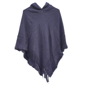 Navy Blue Knit Poncho Sweater with Hood Good Condition One Size Fits Most - Picture 1 of 5