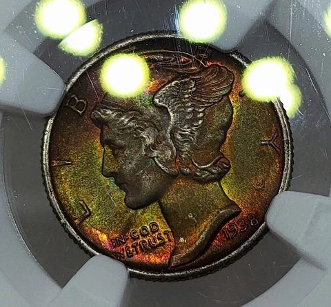 1938 Mercury Silver Dime NGC MS66 Fully Rainbow Toned Two Sided Color GEM Cover