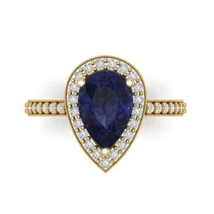 2.36Ct Pear Cut Simulated Blue Sapphire Halo Engagement Ring, 14K Yellow Gold - Picture 1 of 11