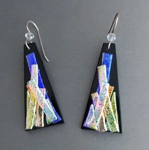 Dichroic Glass Sterling Silver Dangle Earrings on Black Triangles Artisan 2 1/8” - Picture 1 of 7