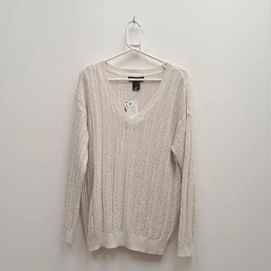 DKNY Jeans Knit White Sparkly V-Neck Long Sleeve Size XL NWT - Picture 1 of 8