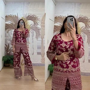 Indian Ethnic Co-ord Set for Women Dola Silk Embroidery Wedding Festive Wear - Picture 1 of 7