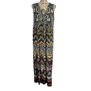 Chico's Dress Size 3 XL Tribal Geometric Black Green Tan Purple Sleeveless Maxi - Picture 1 of 11