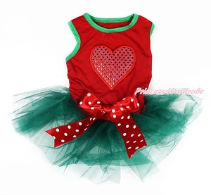 Valentine Red Sparkle Heart Sleeveless Teal Green Pet Dress & Bow Dog Outfit - Imagen 1 de 1