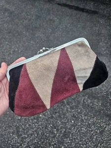 Vintage Suede Leather Patchwork Kiss Lock Clutch Italy - Picture 1 of 9