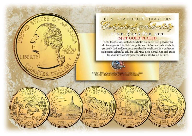 2006 GOLD 24K Clad U.S Mint State Quarters Complete Set of 5 Coins with Capsules - Image 1 of 2