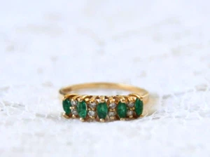 Vintage 14 K Yellow Gold Ring with Green Emerald and Diamonds Size 7.25 - Picture 1 of 12