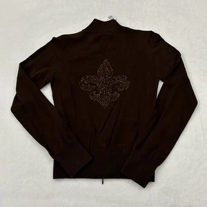Forever 21 Mardi Gras Fleur De Lis Brown Full Zip Sweater Top Youth Girls Size M - Picture 1 of 10