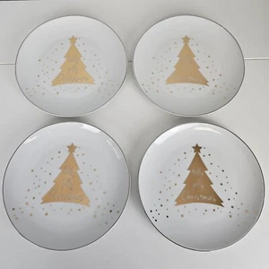 Pier 1 Holly Jolly Christmas Gold Tree Plates 8" Salad Dessert Set of 4 Holiday - Picture 1 of 6