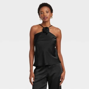 A New Day Satin Adjustable Halter Top With Removable Rosette Black Large NWT - Picture 1 of 2