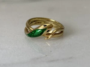 18ct Gold Snake Ring, Green Enamel Detailing, 1970’s Vintage, Size O - Picture 1 of 12