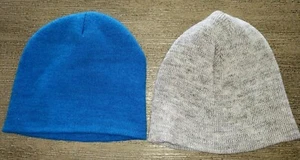 2 boys WINTER KNIT BEANIES HATS 1 heather gray 1 solid blue ONE SIZE FITS MOST a - Picture 1 of 1