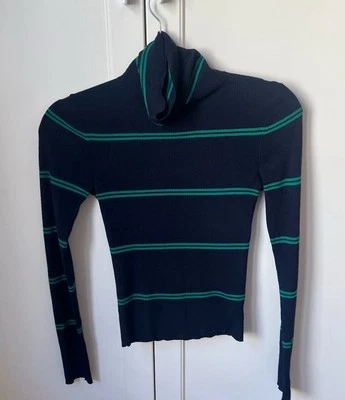 Theory 100% Merino Wool Sz Small Navy Blue green Stripe Turtleneck Rib Sweater  - Image 1 of 4