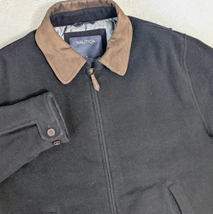 Vintage 90s Nautica Full Zip Men's Large 100% Wool Leather Collar Bomber Jacket - Bild 1 von 10