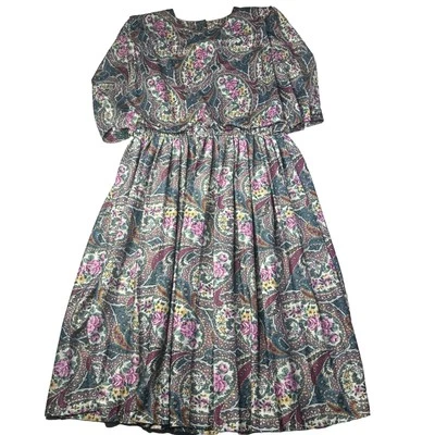 Vestido plissado vintage anos 80 M.C.S ltd Nova York estampa floral paisley tamanho 16 WP - Imagem 1 de 4