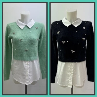 Ladies Ex River Island Soft Fluffy Jumper With Faux Shirt Trim RRP £45 - Image 1 of 4