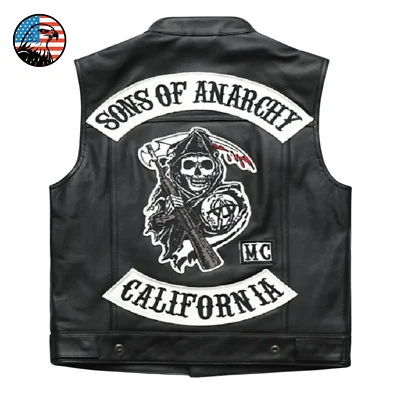 Men's Black Charlie Hunnam Sons of Anarchy SOA Jax Teller Biker Leather Vest USA - Image 1 of 4