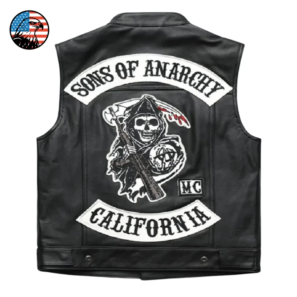 Men's Black Charlie Hunnam Sons of Anarchy SOA Jax Teller Biker Leather Vest USA - Image 1 of 4