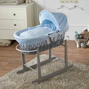 Baby Moses Basket With Stand Blue Dimple Bedding and Mattress Grey Rocking Stand - Picture 1 of 3