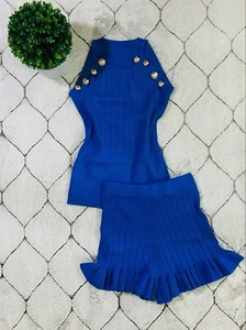 DAIMARAN Paris Women's Suit Matching Set 2 Pieces Tank Top + Short Ruffle Blue S - Picture 1 of 6