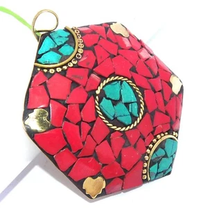 Colgantes Tibetanos Grandes Coral y Turquesa Piedra Chapado en Oro Joyería Hecha a Mano P427 - Imagen 1 de 3