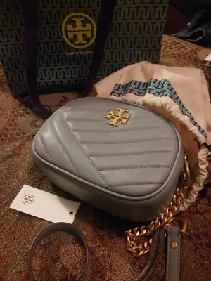 Tory Burch Kira Chevron Camera Bag Quilted Cloud Blue Rolled Brass Gold New - Image 1 of 4