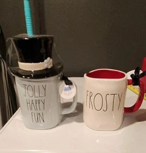 2 Rae Dunn "FROSTY & JOLLY HAPPY FUN" Mugs Hat & Snowman Toppers New 2022 - Picture 1 of 12