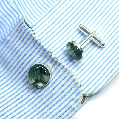 Gemelos de plata de ley 925 con cabujón de ágata de musgo para regalo para hombre Foto 1 de 3