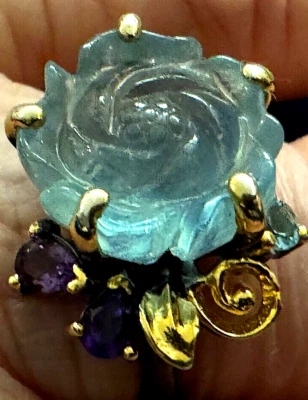 Anillo Aguamarina Natural Tallada Rosa 14ct Plata de Ley 925 Talla 8 Placa de Rodio Foto 1 de 4