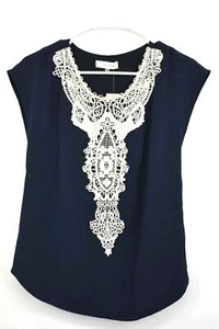 Sugar Lips Womens Navy Blue Scoop Neck Sleeveless Curved Hem Stretch Blouse S - Picture 1 of 9