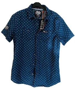 Superdry Shirt Ch 36" Regular Cotton/Linen Short Sleeve Navy/Grey Polka Dot BNWT - Picture 1 of 6