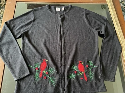 Christmas Cardinal Sweater Cardigan Light weight Bird Lover Black sequin 14-16 L - Image 1 of 4