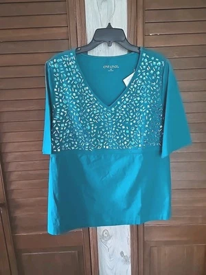 Nuevo con etiquetas Top Chit Chat para mujer verde con cuentas mangas cortas talla 1X  Foto 1 de 4