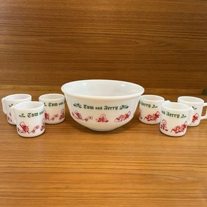 Vtg Tom & Jerry Hazel Atlas Punch Bowl Set 6 Cups Eggnog Mid Century Milk Glass - Picture 1 of 10