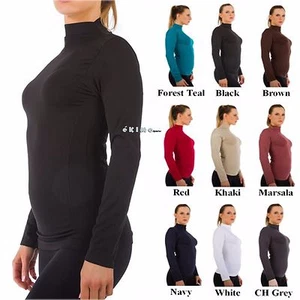 Women Mock Neck Long Sleeve Shirt Turtleneck Top Stretch Slim Fit Tee Shirt - Picture 1 of 37