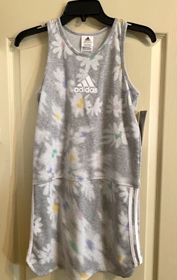 NWT Adidas Girls Large 14 Gray Daisy Flower French Terry Logo Tank Dress - Image 1 of 4