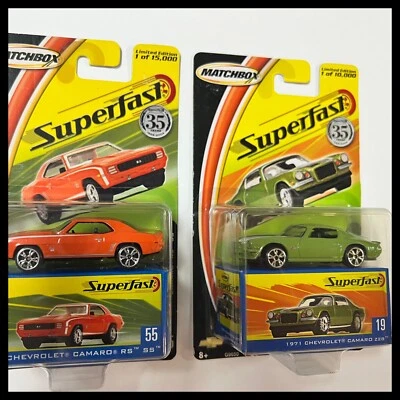 2 MATCHBOX SUPERFAST 35 YEARS 55 19 CHEVY 1969 1971 CAMARO RS SS Z28 LOT MOC NOS - Image 1 of 4