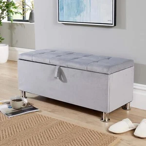 Storage Ottoman Light Grey Padded Seat Buttoned Detailing Metal Legs Organised - Picture 1 of 12