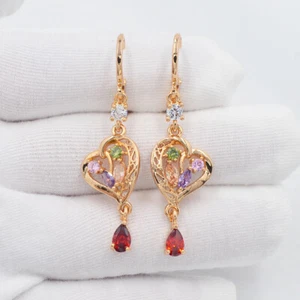 18K Yellow Gold Filled Women Multicolour Mystic Topaz Heart Dangle Earrings - Picture 1 of 1