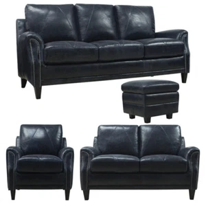 New Italian Leather "Enzo' Blue Genuine Italian Leather Sofa Love Ch Otto - Picture 1 of 9